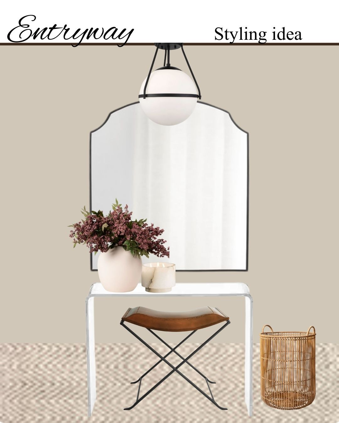 Modern neutral and classic entryway styling idea

Mirror: Crate and Barrel

Stool and light: Birch Lane
Basket: Target
Vase: Afloral
Paint: Sherwin Williams Accessible Beige 

 #LTKHome #LTKFindsUnder100 #LTKStyleTip