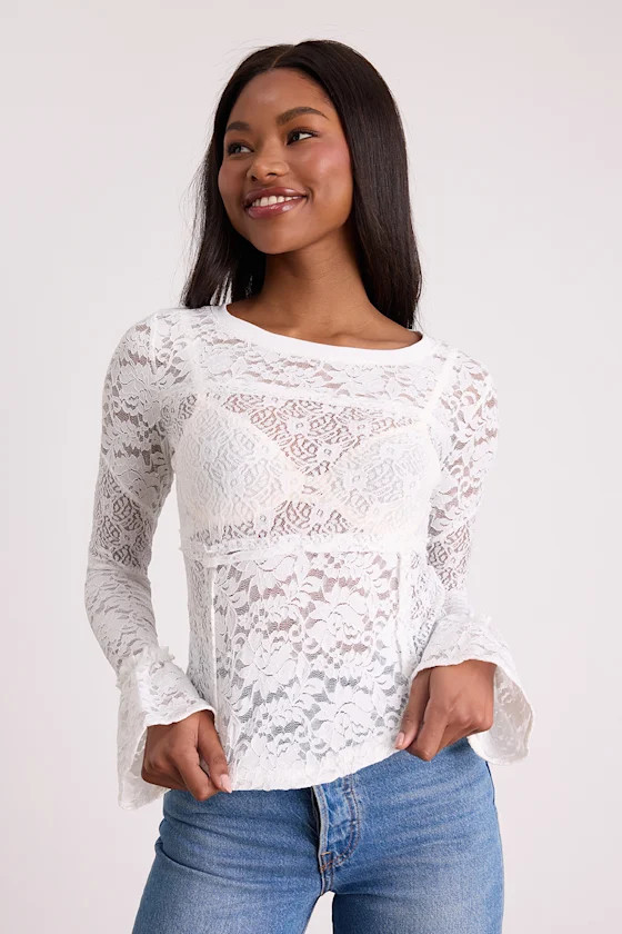 Adrianne Ivory Sheer Lace Long Sleeve Top | Lulus