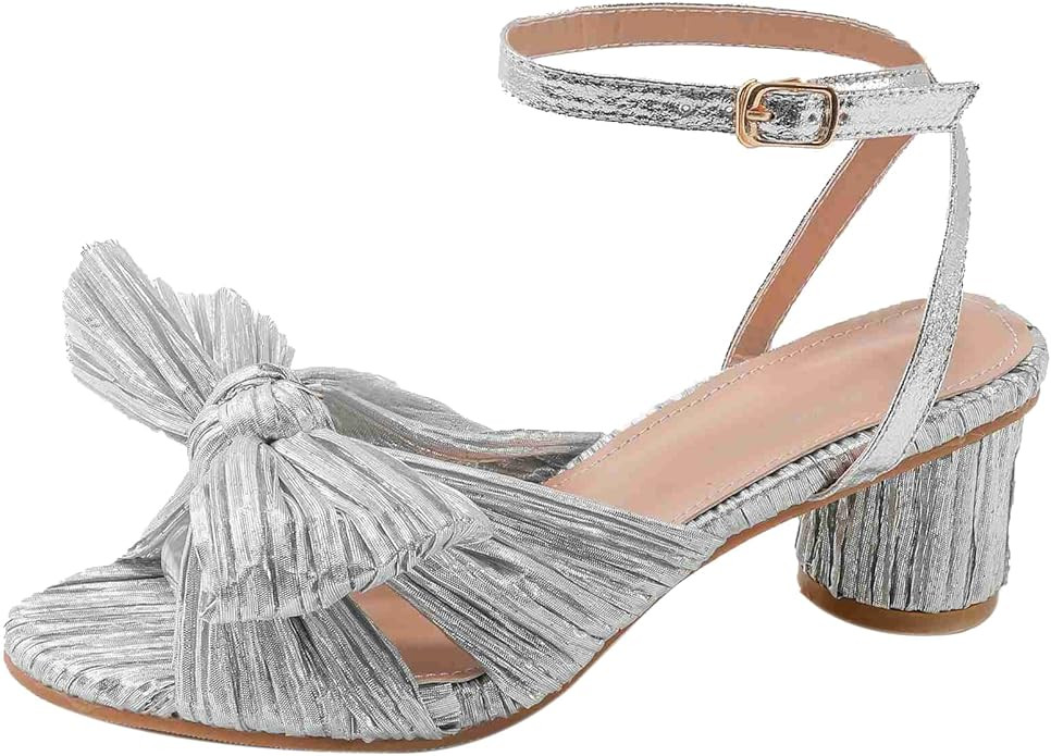 NueiVeiuo Women Elegant Pleated Bow Bridal Sandals Block Mid Heel | Amazon (US)