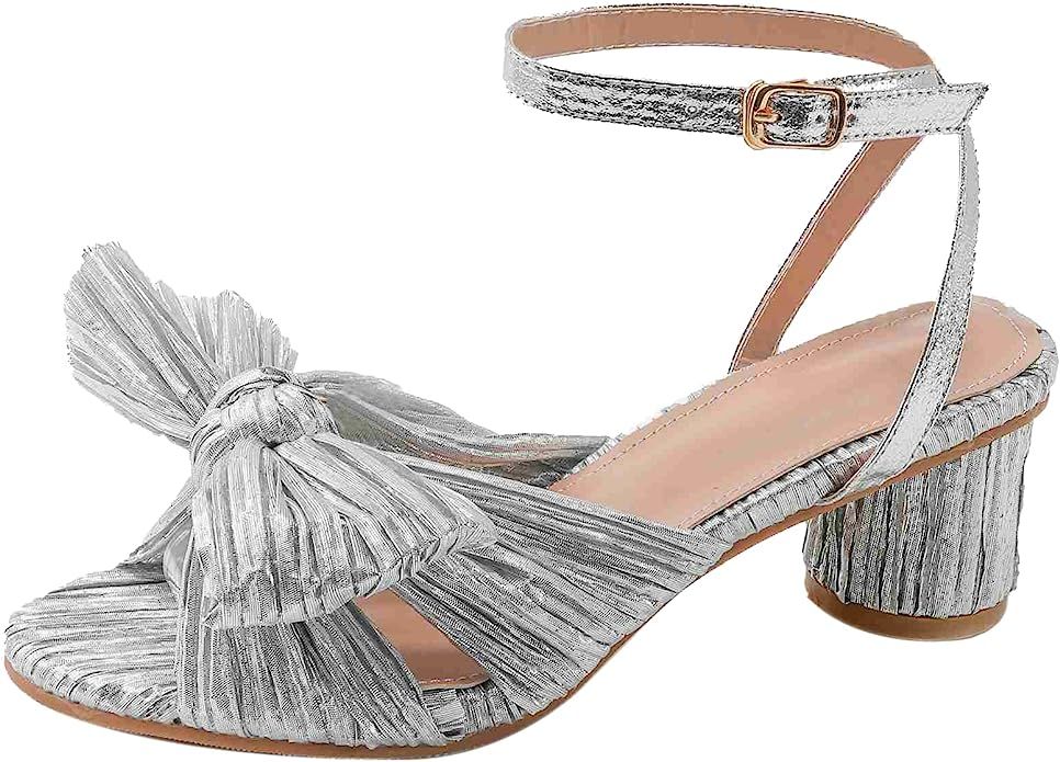 NueiVeiuo Women Elegant Pleated Bow Bridal Sandals Block Mid Heel | Amazon (US)