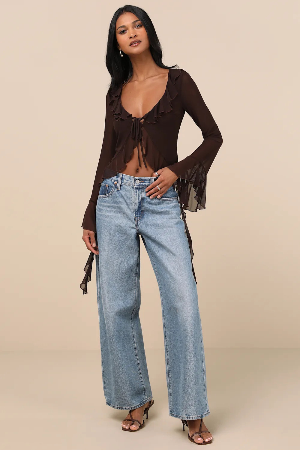 Whimsical Essence Dark Brown Ruffled Tie-Front Bell Sleeve Top | Lulus
