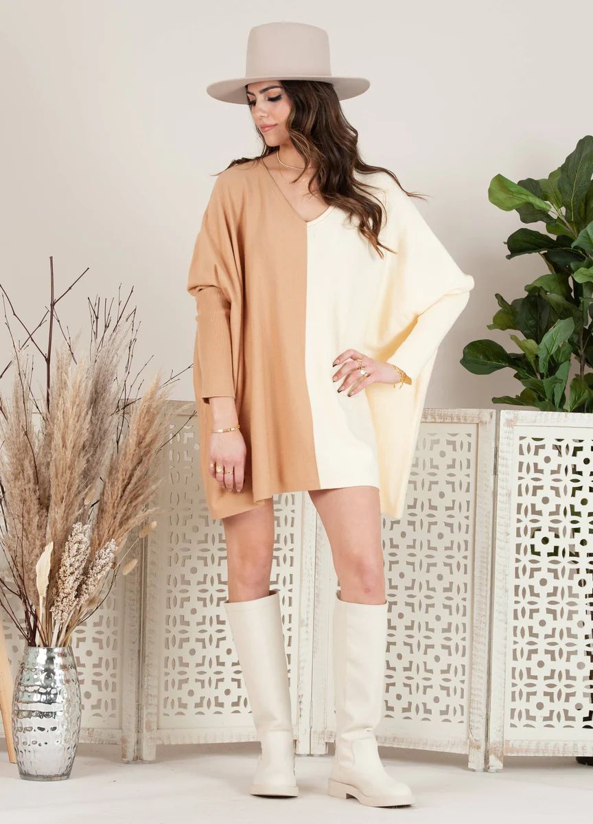 CARLY COLORBLOCK TUNIC-TAUPE/IVORY | LUCCA COUTURE