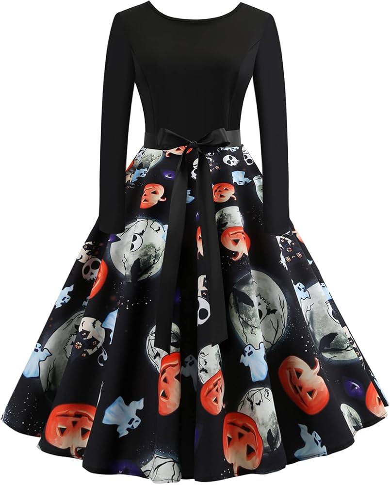 Paskyee Halloween Dresses for Women Long Sleeve Cocktail Swing Dress Skeleton Pumpkin Printed Cos... | Amazon (CA)