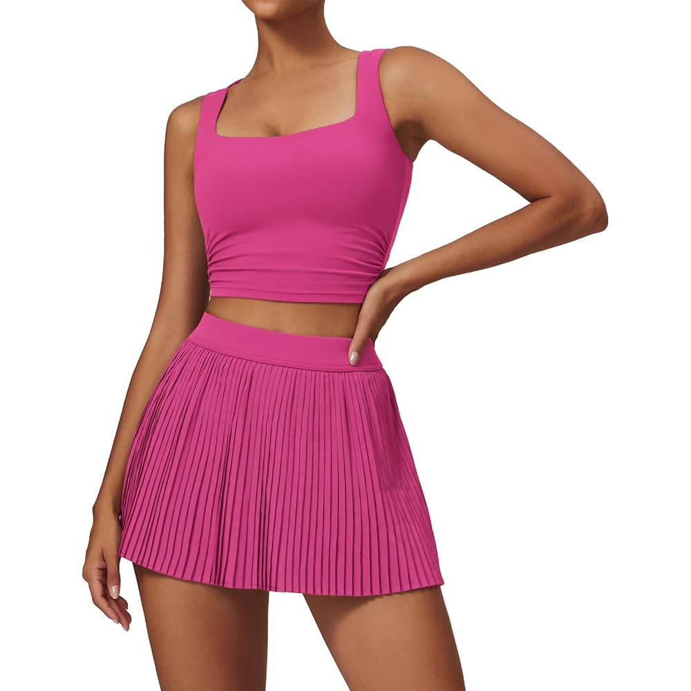 Women 2 Piece Tennis Dress Square Neck Tank Top with High Waisted Pleated Workout Skorts Skirt Se... | Amazon (US)