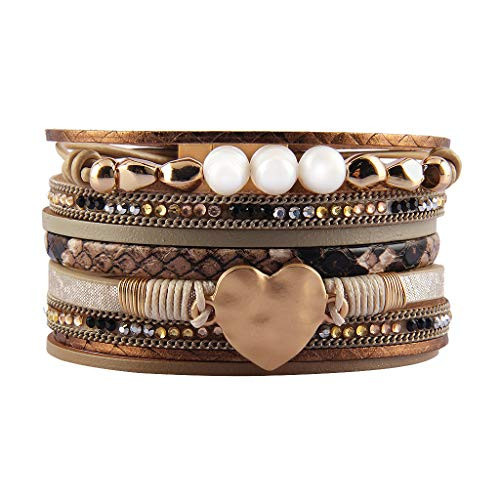AZORA Leather Cuff Bracelet Multi Strands Beige Wrap Bangle with Pearl Boho Jewelry for Women Christmas Gift | Amazon (US)
