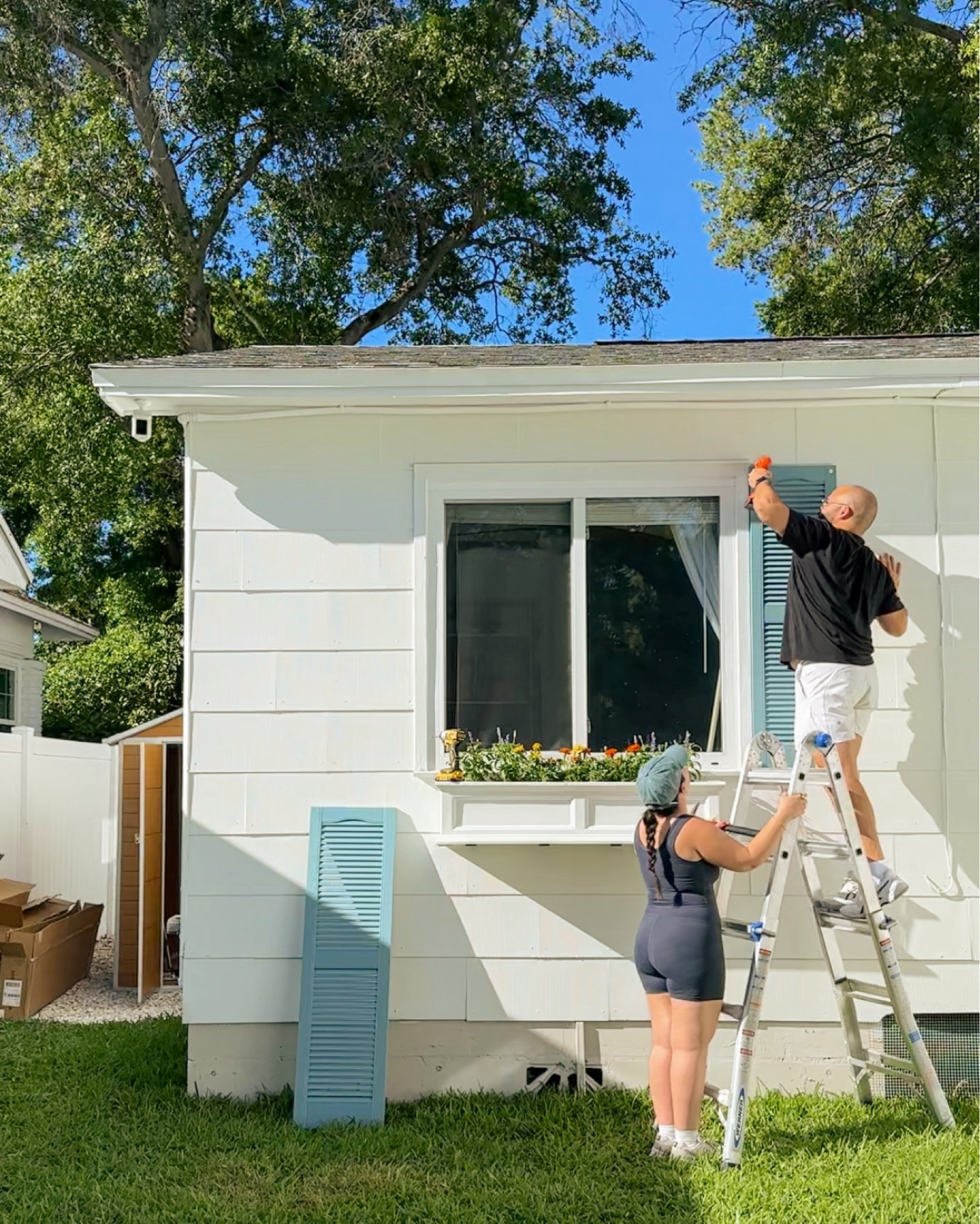 Shutters are painted Tranquil Aqua by Sherwin Williams (SW 7611) in semi-gloss. 🩵 also linking both our outfits!

#LTKfamily #LTKhome #LTKmens