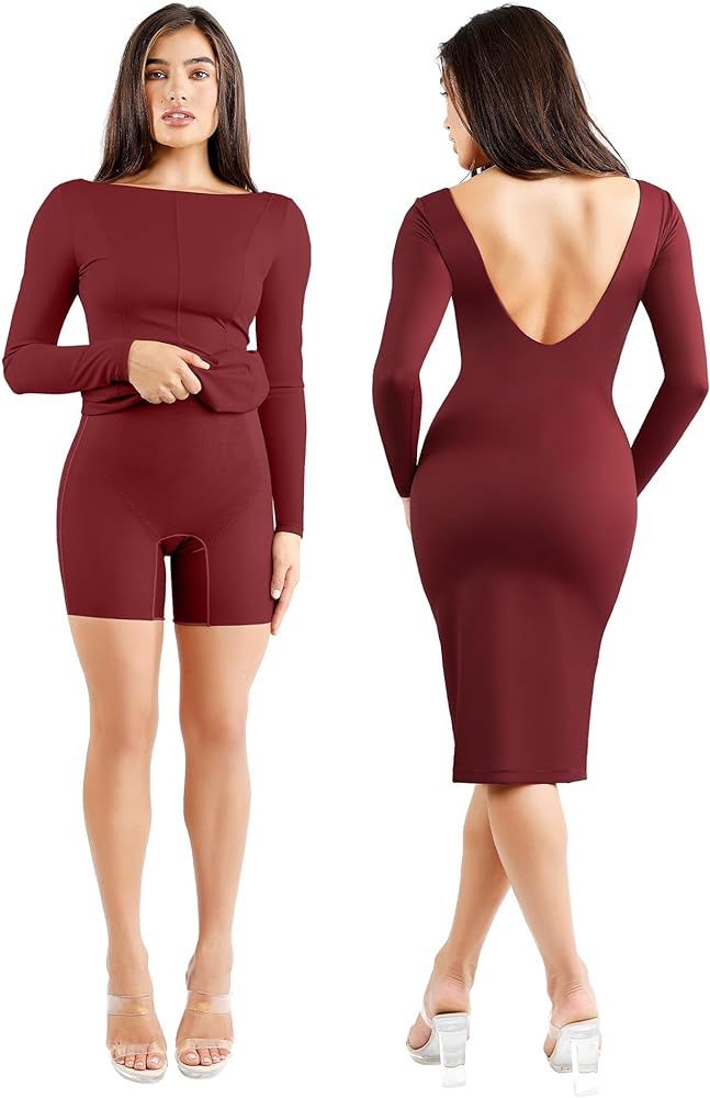Popilush The Shapewear Dress Slit Dress - Backless Shaper Dress with Built in Shapewear Midi Body... | Amazon (US)
