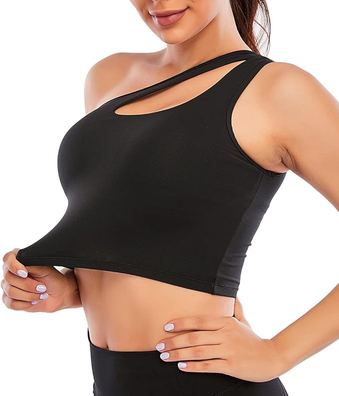 FOCUSSEXY Women's One Shoulder Sports Bra Removable Pads One Strap Sleeveless Crop Top Wirefree S... | Amazon (US)