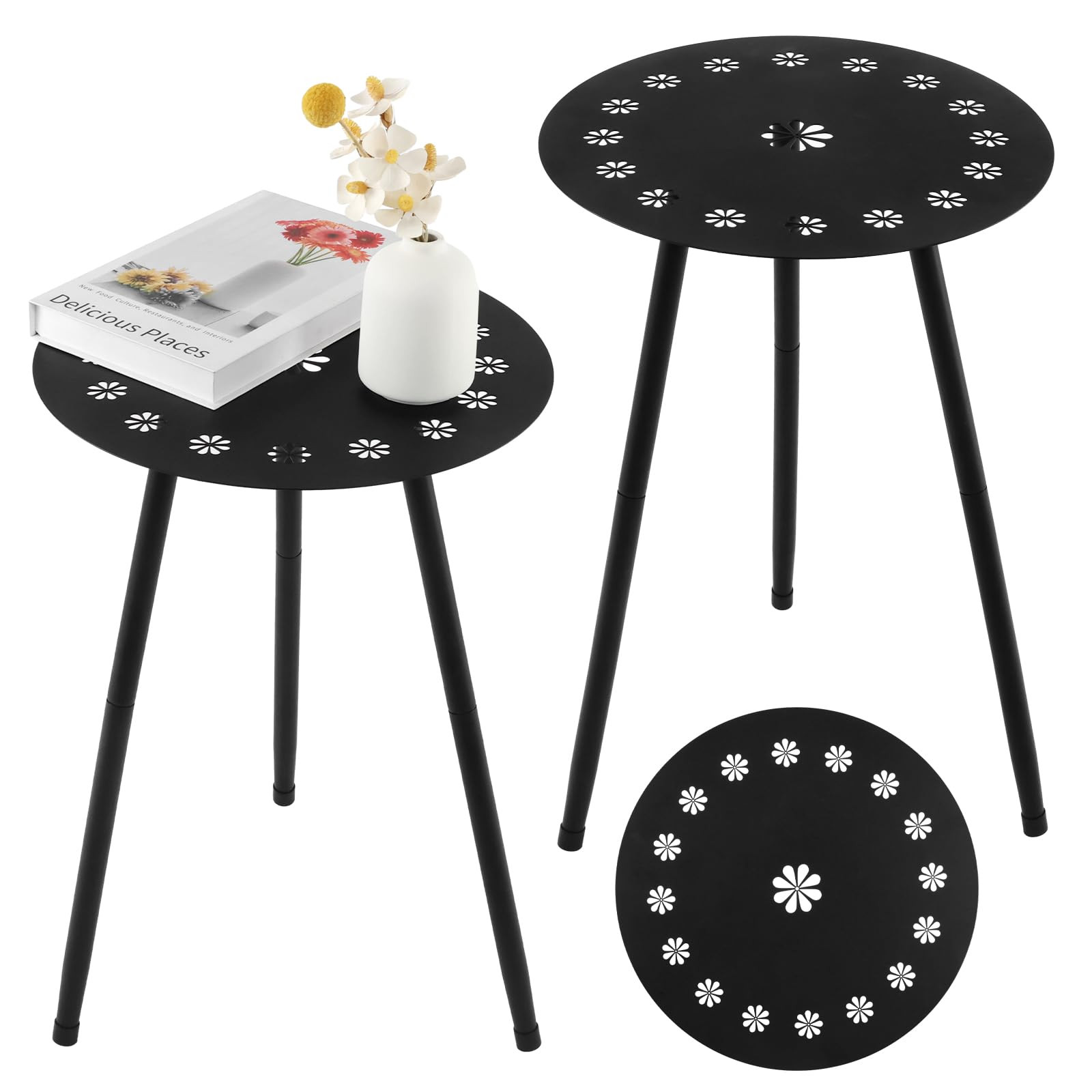 Outdoor Side Table Set of 2 Patio Round Tables for Outside Black End Tables Small Coffee Table End Table Modern Metal Porch Plant Stands for Balcony, Indoor, Bedroom, Living Room, Small Spaces | Amazon (US)