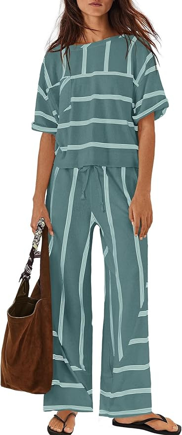 Nirovien Womens Striped Lounge Set 2 Piece Vacation Sets Short Sleeve Tops and Wide Leg Pants Tra... | Amazon (US)