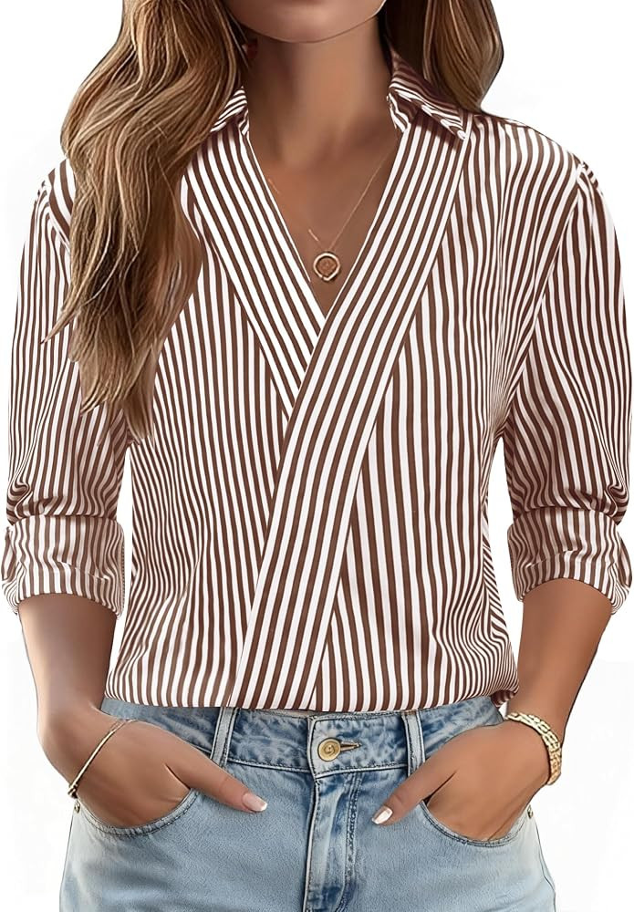 LOMON 3/4 Length Sleeve Womens Tops Dressy V Neck Collared Dress Shirts | Amazon (US)