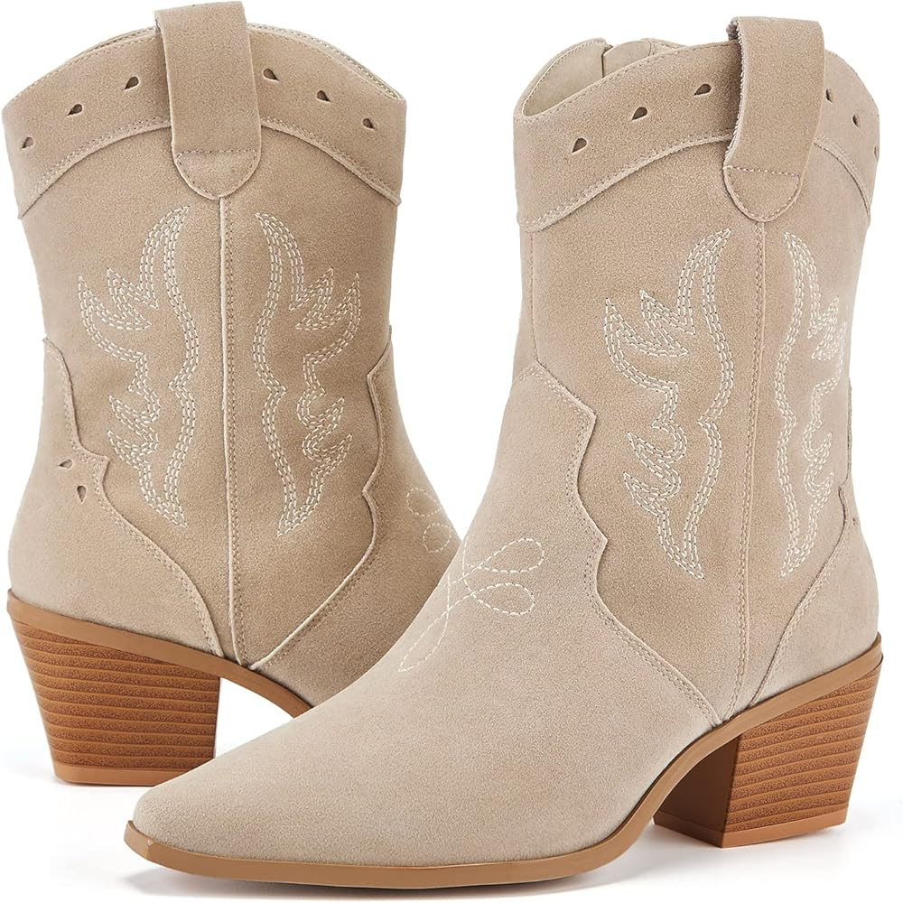 TINSTREE Women's Short Western Cowboy Boots Ankle Booties Mid Heel Pointed Toe Chunky Block Stacked  | Amazon (US)