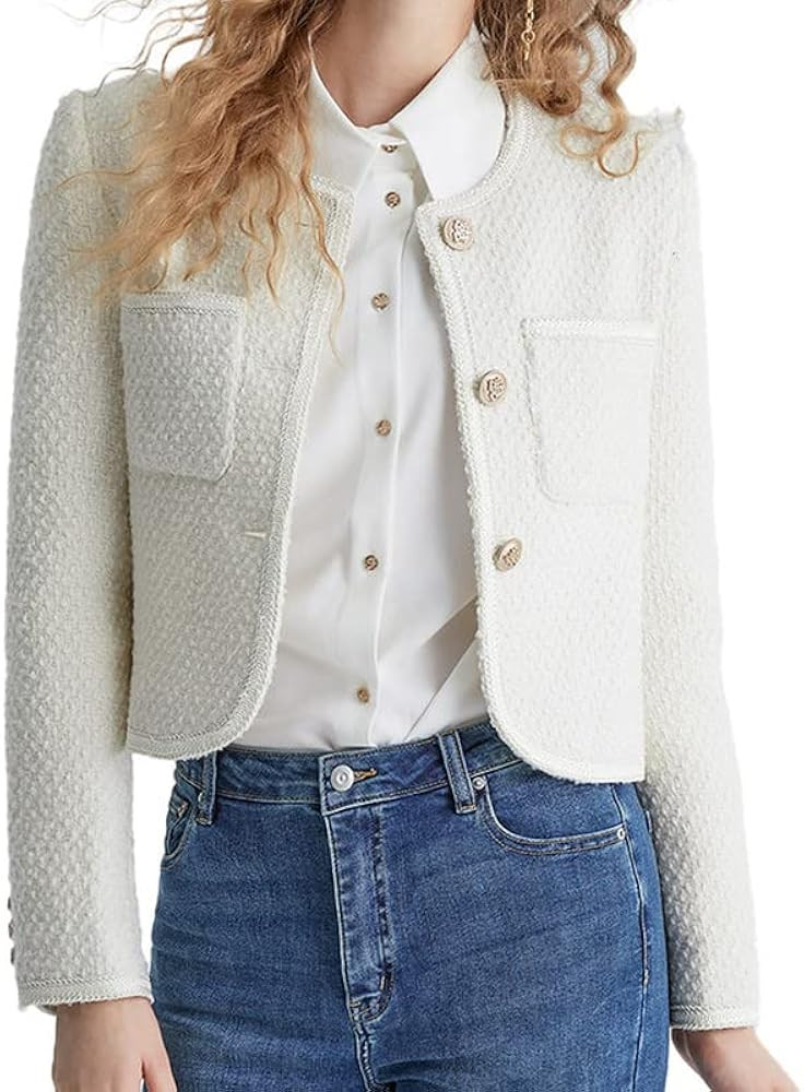 URBAN REVIVO Women's Long Sleeve Cropped Tweed Jacket with Pocket Elegant Slim Fit Work Office Business Short Tweed Blazer | Amazon (US)