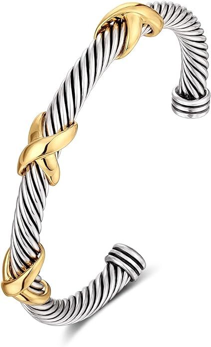 ORATIGOR Cable Cuff Bangle for Women Twisted Bracelet, Cable Wire Bangles Bracelets Two Tone Thre... | Amazon (US)