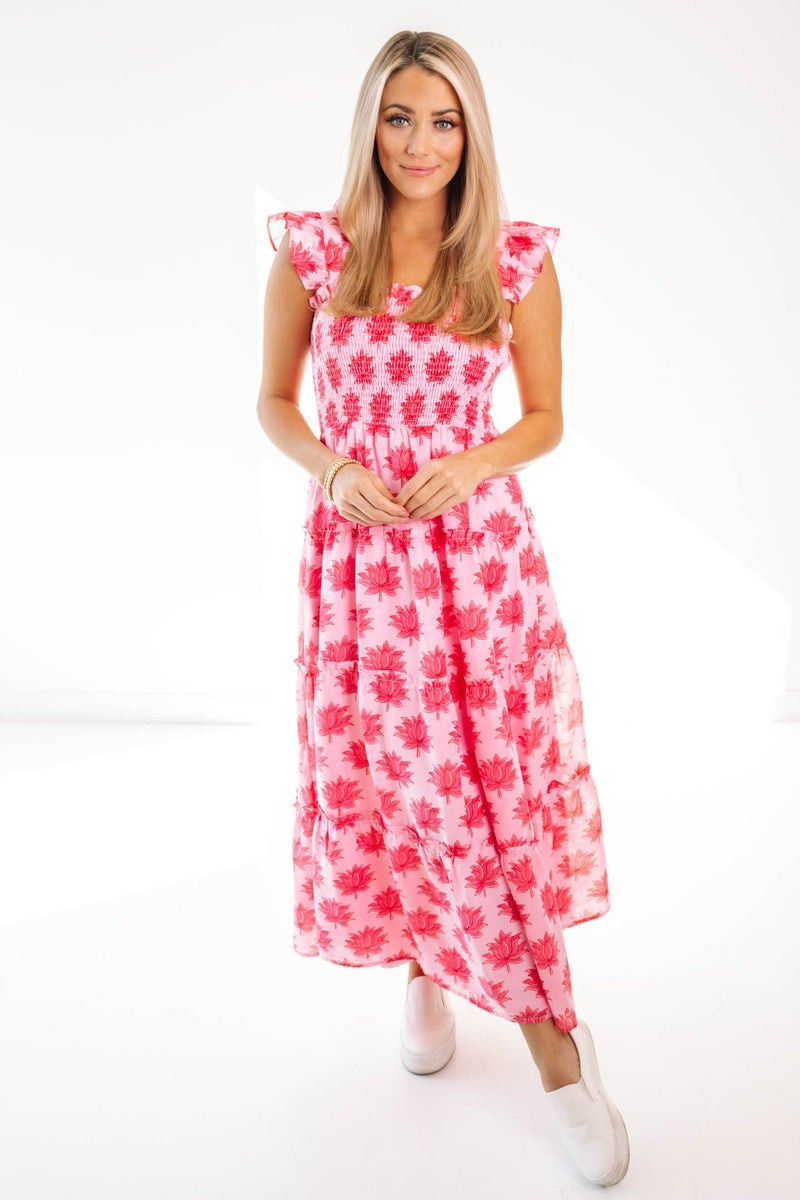 The Elsie Ruffle Strap Midi Dress - Pink | The Impeccable Pig