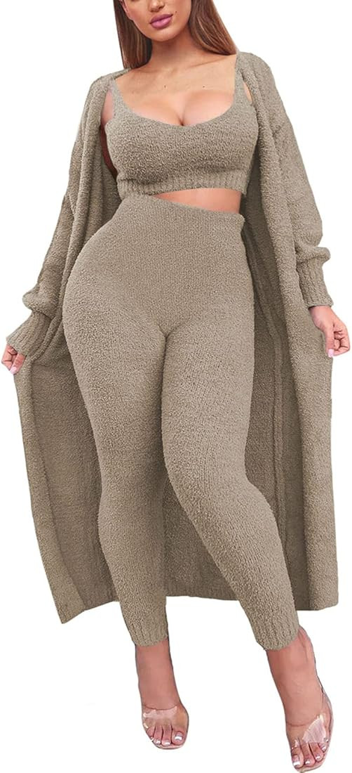 Fixmatti Women's Fuzzy Fleece 3 Piece Lounge Set Crop Tops Leggings Long Cardigan Knitted Sweatsu... | Amazon (US)