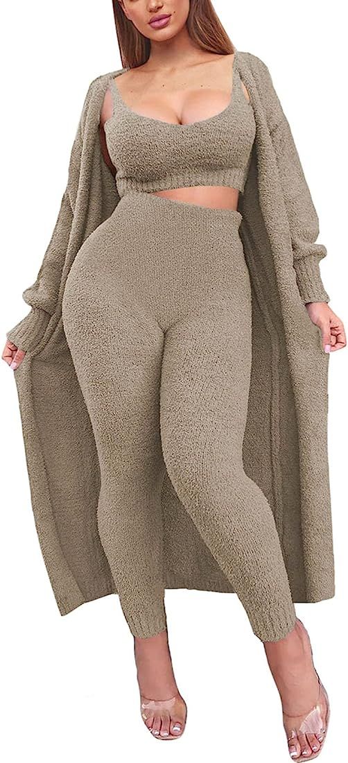 Aohite Women's Fuzzy 3 Piece Sweatsuit Open Front Cardigan Crop Tank Tops Bodycon Long Pants Paja... | Amazon (US)