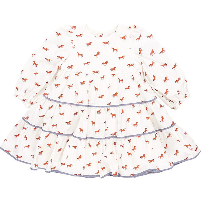 Pink Chicken | Girls Julia Chambray Trim Long Puff Sleeve Tired Dress, Tiny Horses (Prints, Size 4Y) | Maisonette | Maisonette