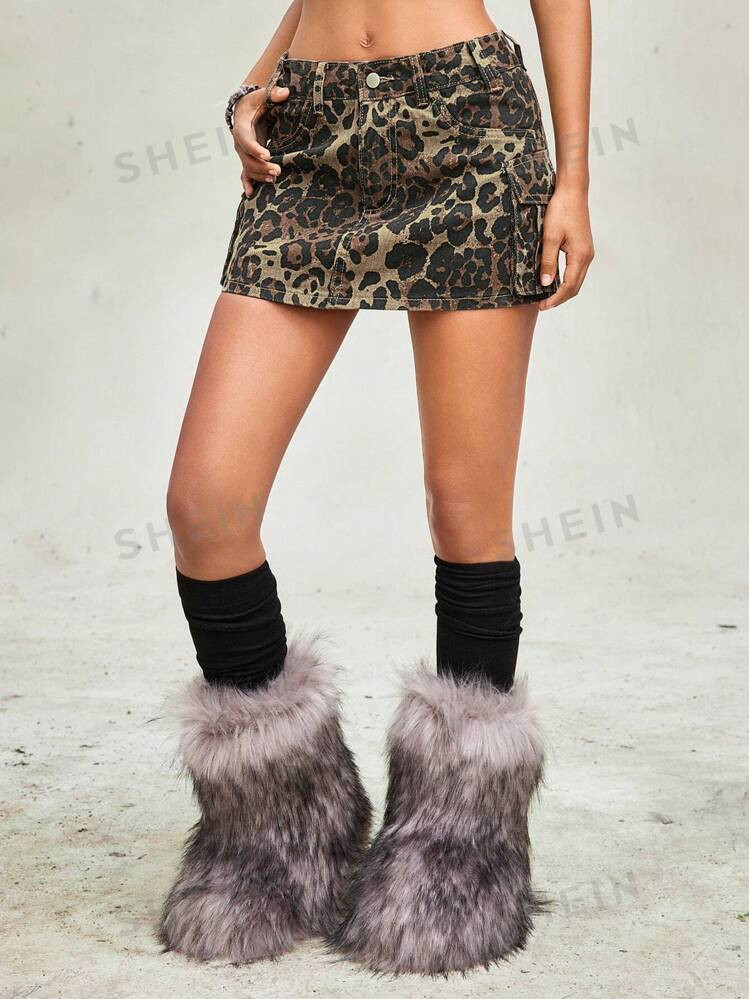 ROMWE Grunge Punk Extra Low Rise Mini Leopard Print Cargo Pocket Denim Skirt For Women | SHEIN