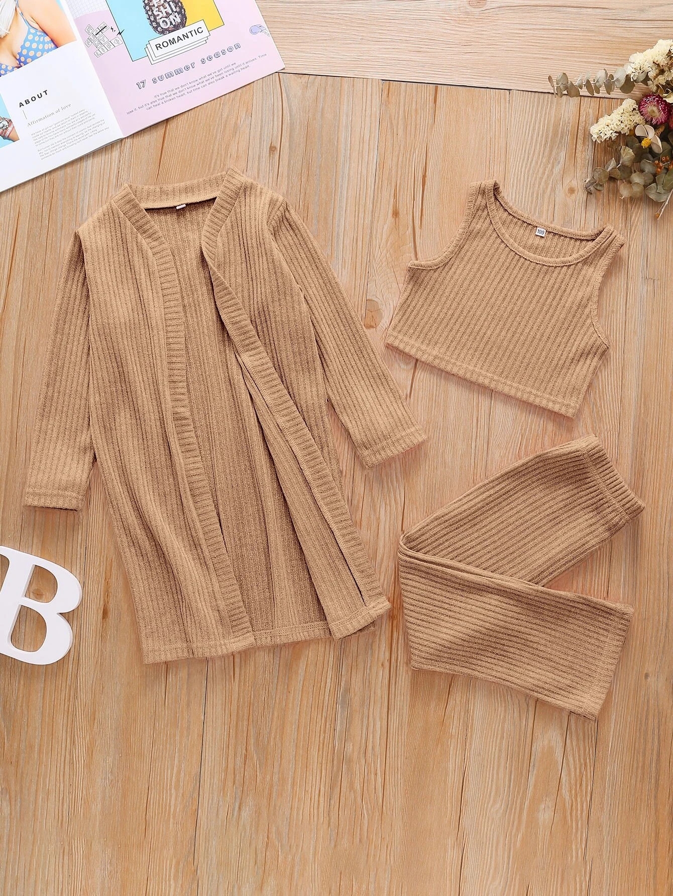 Toddler Girls Ribbed Knit Tank Top & Pants & Coat | SHEIN