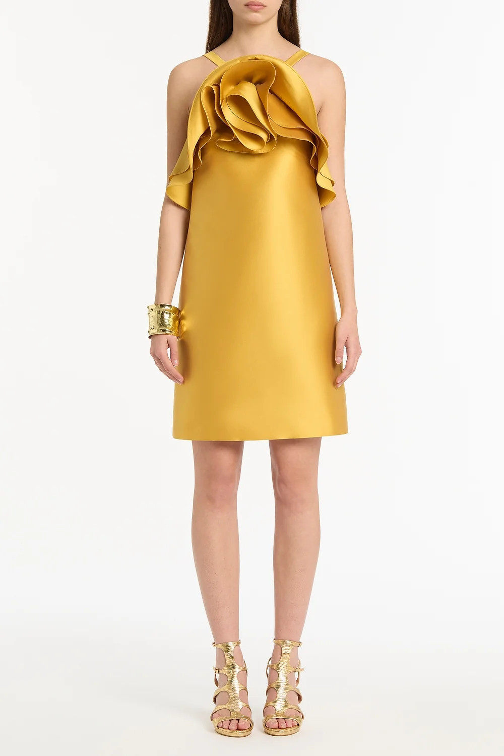 GOLDEN MATTE SATEEN SCULPTURAL FLOWER MINI DRESS | Carla Zampatti