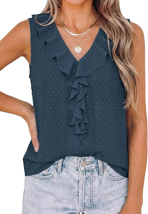 PRETTYGARDEN Womens Tank Tops 2026 Summer Dressy Casual Blouses Sleeveless Ruffle V Neck Swiss Do... | Amazon (US)