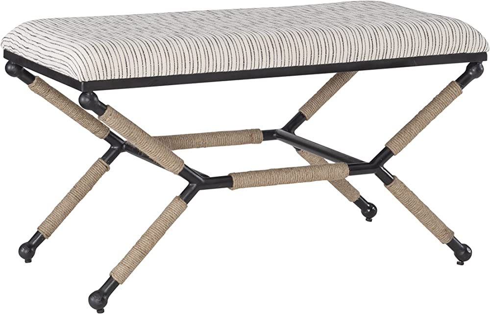 Linon Upholstered Seat Farrow Metal Campaign Bench, Black/White Striped | Amazon (US)