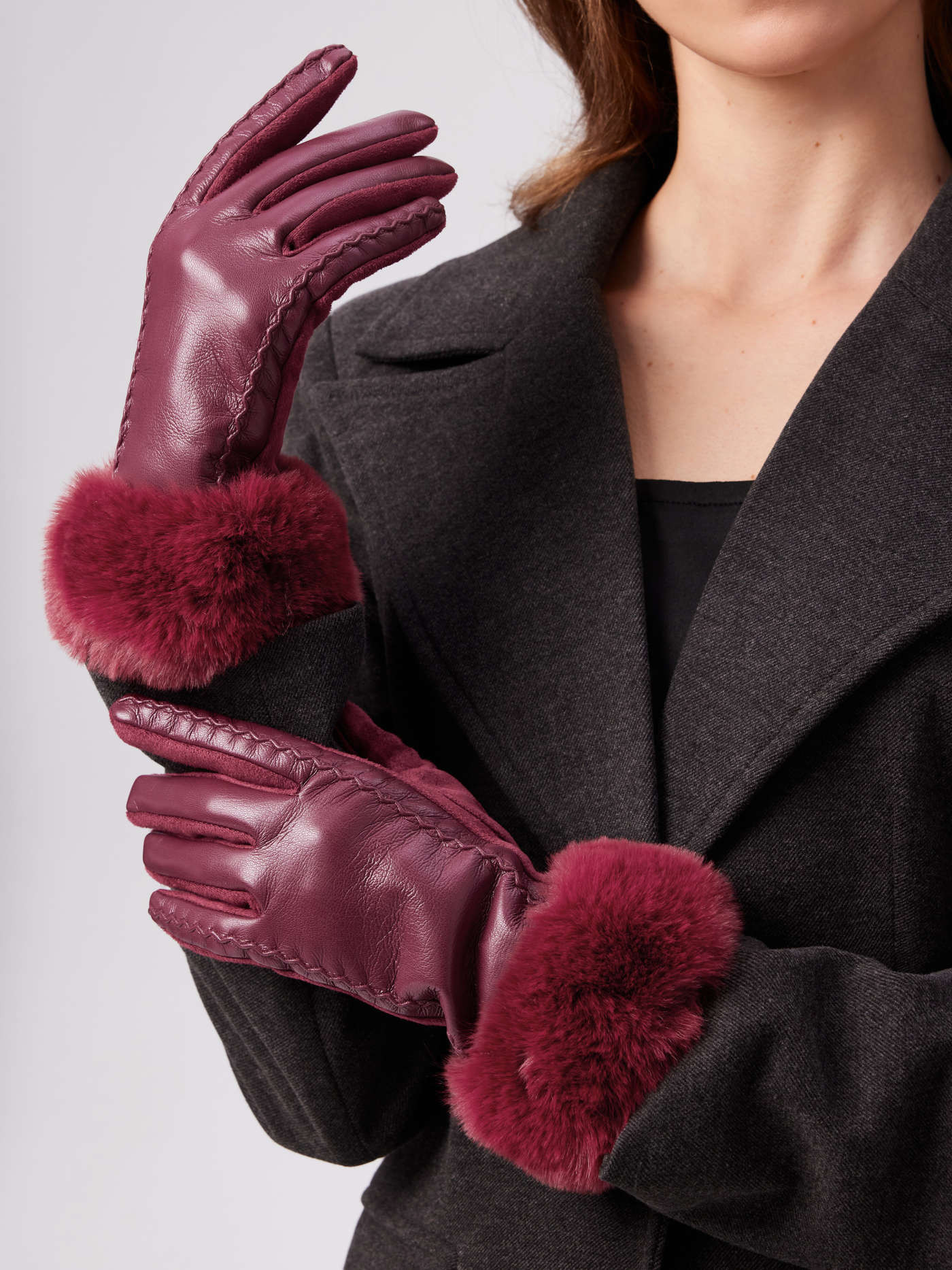 FUR-LOOK TRIM FAUX LEATHER GLOVES | Cider