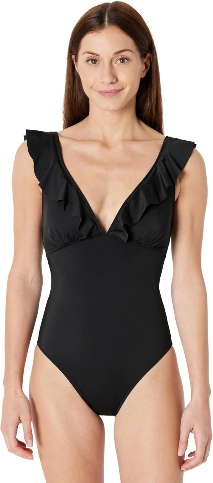 Amazon Essentials Women's Ruffle V-Neck One-Piece Swimsuit | Amazon (US)