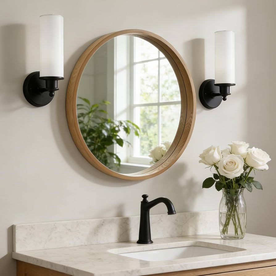 WallBeyond 24 Inch Natural Round Wood Mirror, Circle Wooden Frame Wall Mirror for Bathroom, Livin... | Amazon (US)