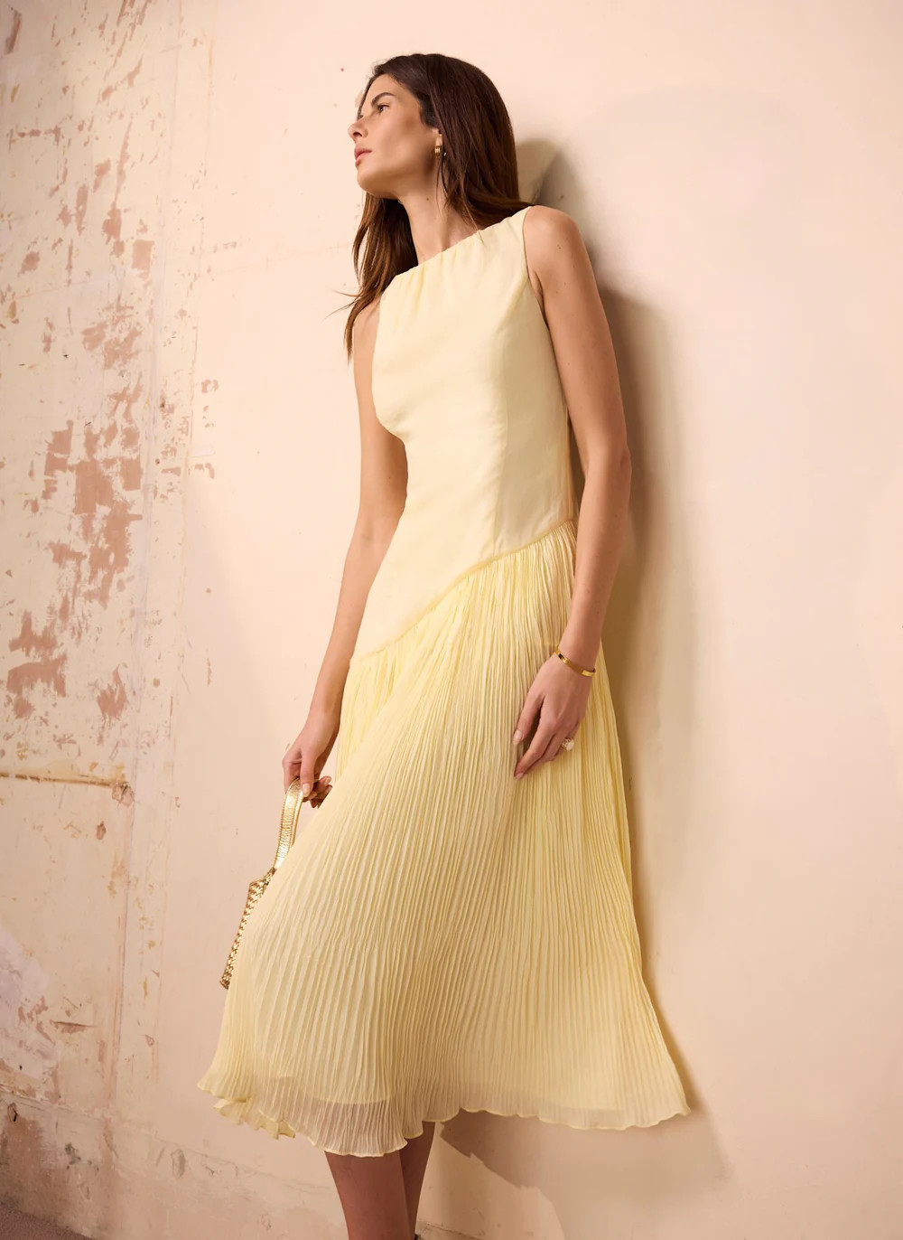 Yellow Crinkle Drop Waist Midi Dress | Mint Velvet