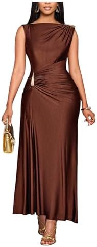 Milumia Women's Elegant Ruched Boat Neck Dress Metal Sleeveless Wedding Party Long Maxi Tank Dres... | Amazon (US)