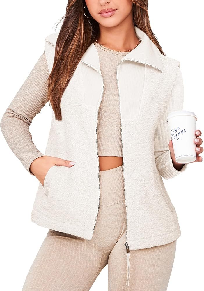 Glamaker Womens Fleece Vest Top Sleeveless Fuzzy Zip Up V Neck Sherpa Jacket Casual Outwear with ... | Amazon (US)