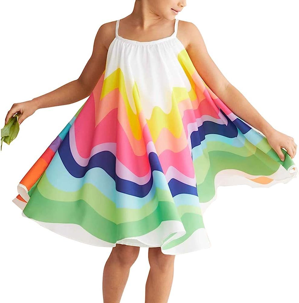 Toddler Baby Girl Summer Boho Rainbow Stripe Spaghetti Strap Beach Sun Dress | Amazon (US)