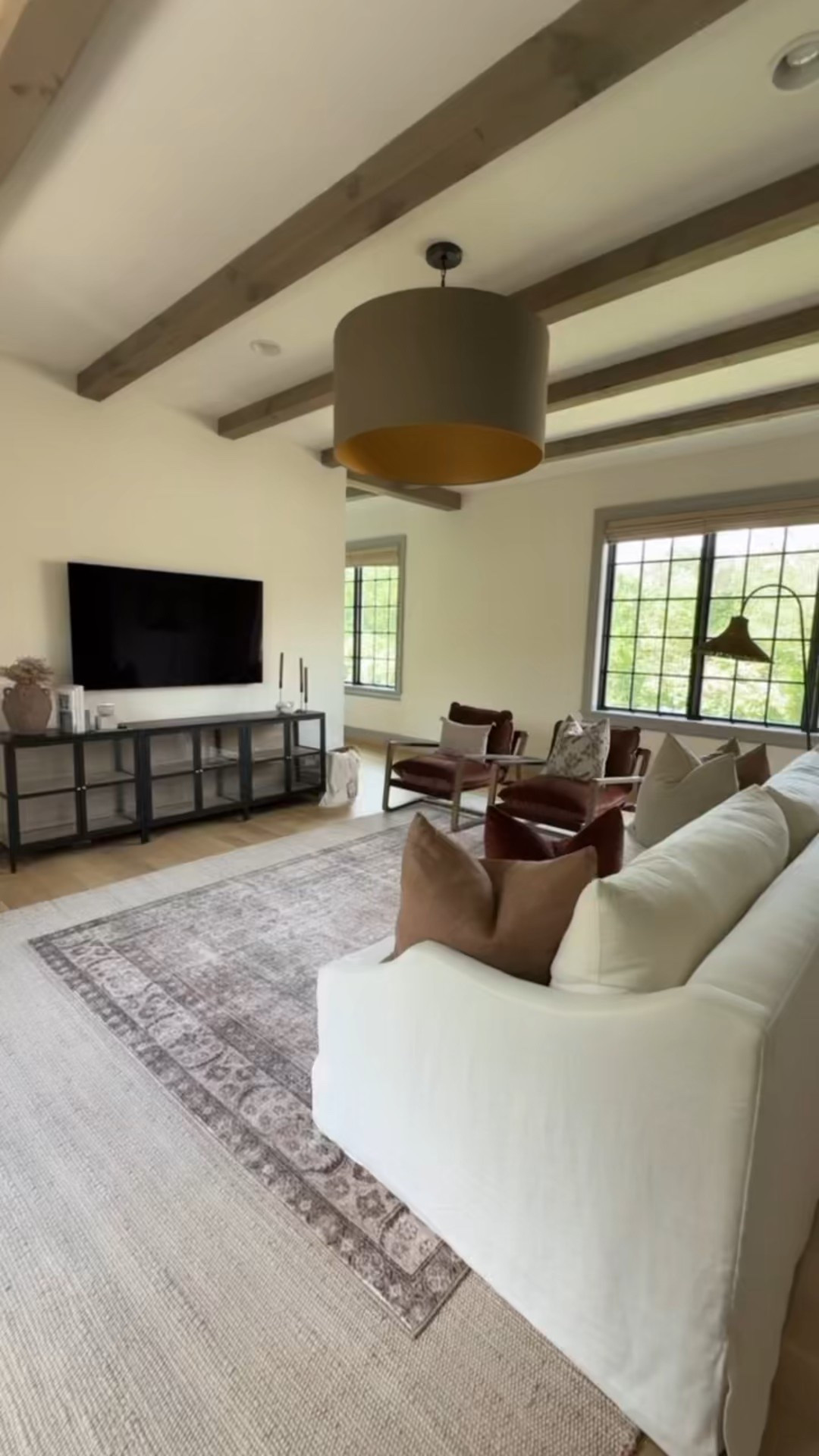 Living room rug, soft area rug, media console, living room chairs