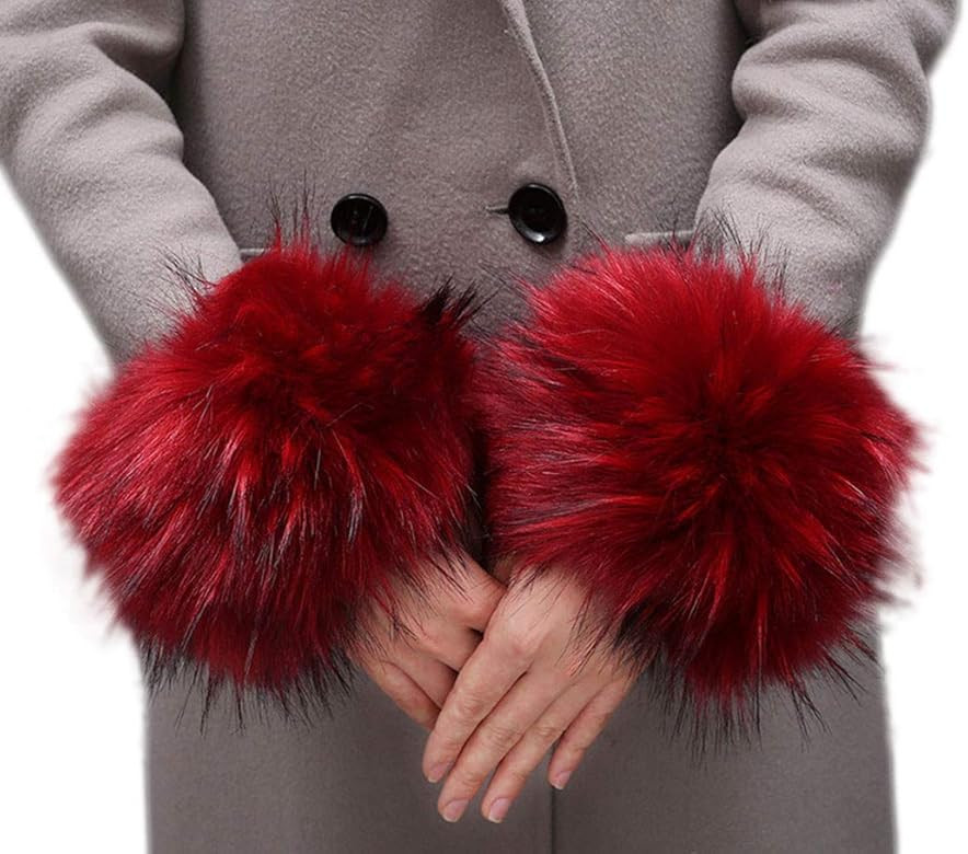 Tngan Winter Faux Fur Arm Warmers Short Furry Wrist Band Ring Cuff for Women | Amazon (US)