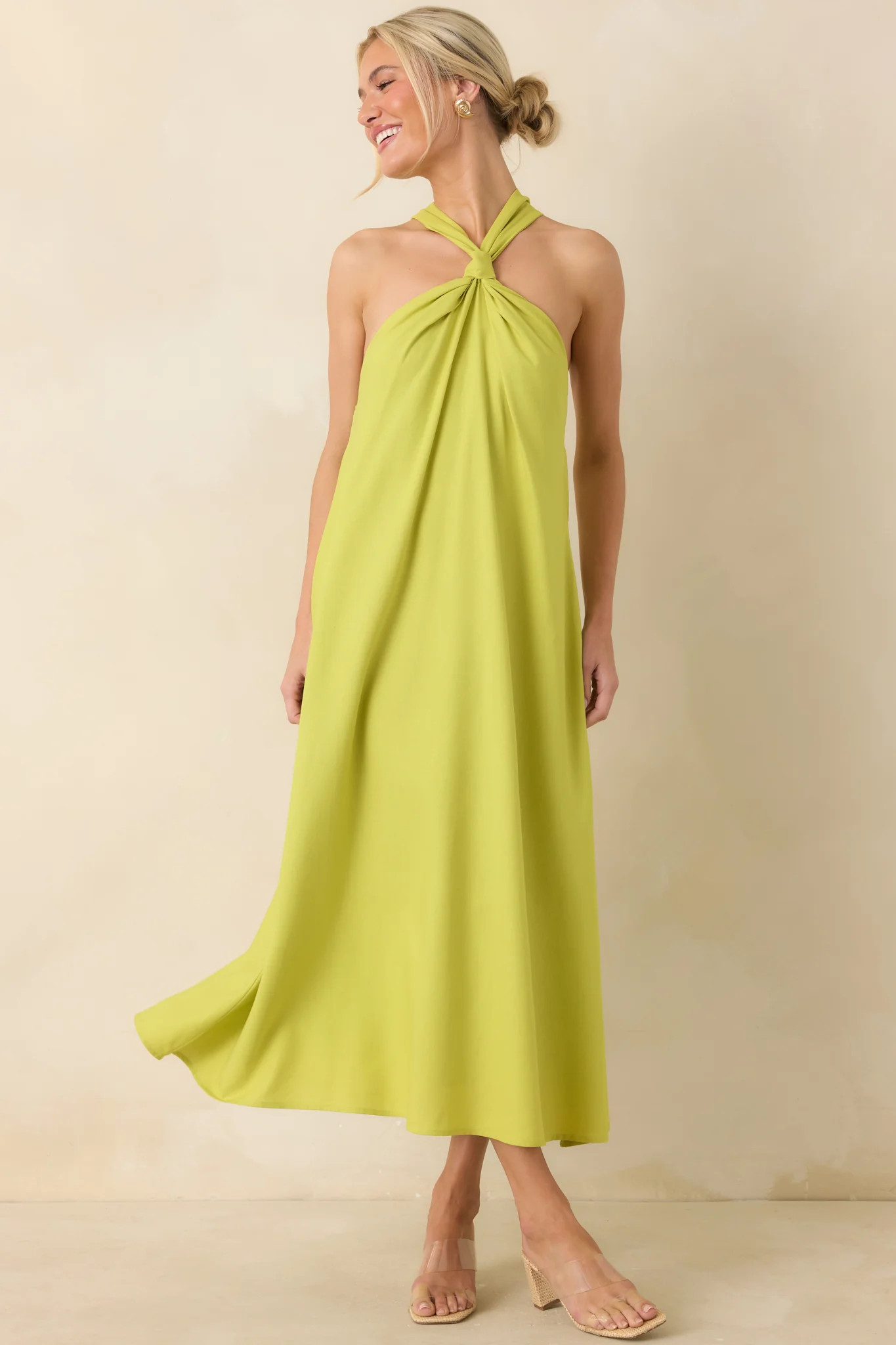 Citrus Kisses Chartreuse Linen Blend Halter Midi Dress | Red Dress