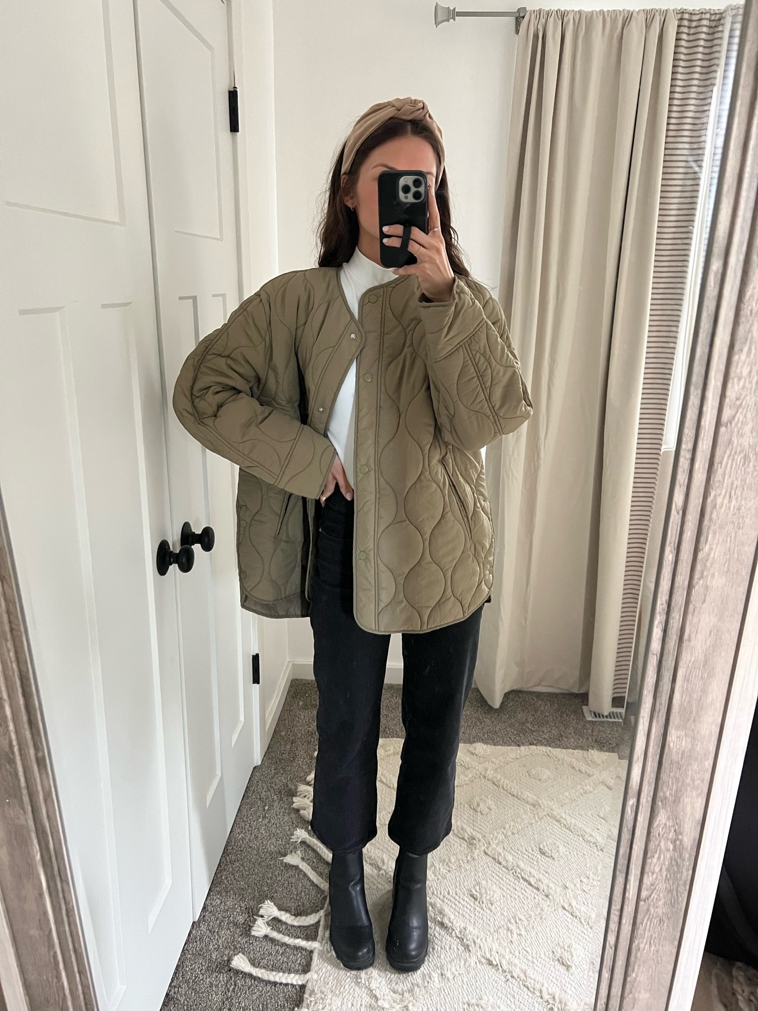 Wearing a small in quilted jacket, fits very oversized could size down 
I sized down in these wide leg jeans

Fall outfit 
Rainy day outfit 

#LTKSeasonal