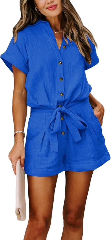 Paintcolors Women's Summer Short Sleeve Button Down Pockets Belted Elastic Waist Solid Color Jump... | Amazon (US)