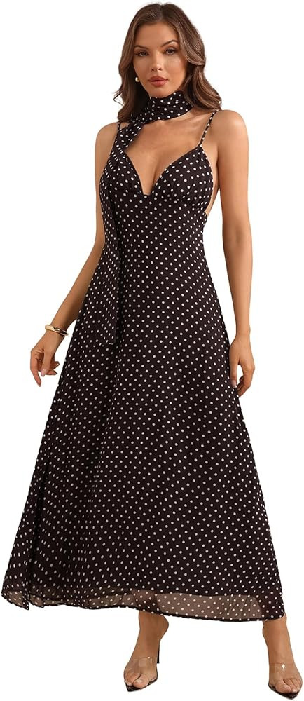Women's Polka Dots Tie Backless Dress Deep V Neck Spaghetti Strap Maxi Dresses with Scarf | Amazon (US)