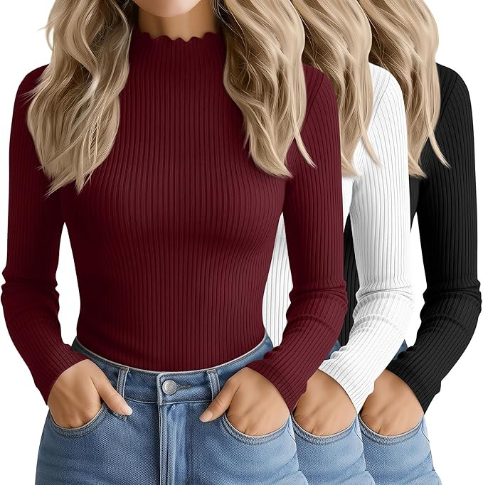 Oakgarden 3 Pack Women's Cotton Long Sleeve Mock Turtleneck Tops Ribbed Lettuce Trim Slim Fit Shi... | Amazon (US)