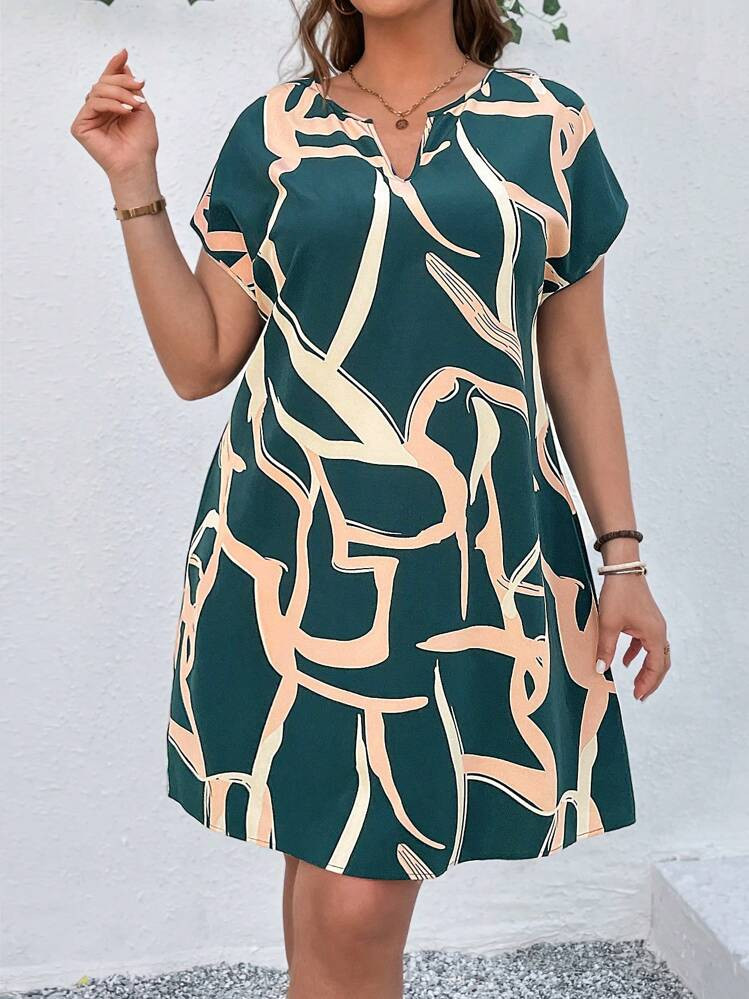 SHEIN LUNE Plus Size Allover Print Cutout Neck Vacation Casual Dress, Summer | SHEIN