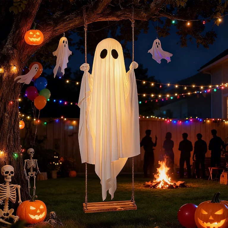 Swinging Ghost Outdoor Decor Hanging Ghosts with 8 Light Modes Wooden Seat for Tree Porch Yard Ga... | Walmart (US)
