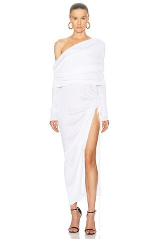 ALAÏA Off Shoulder Asymmetric Dress in White | FWRD 