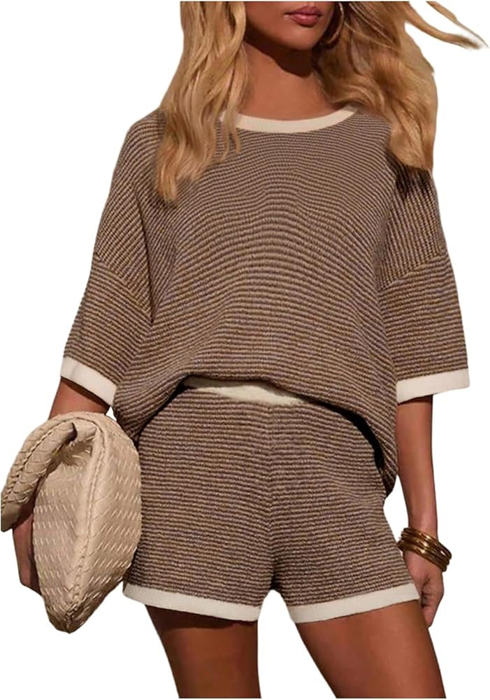 SweatyRocks Women's Striped Sweater Set 2 Piece Outfits Oversized Knit Top and Short Lounge Sets | Amazon (US)