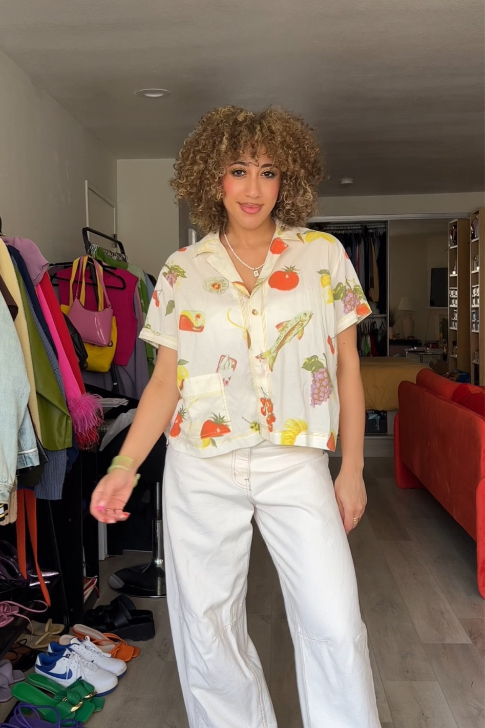 jeans are originally from Urban but are longer on the site. I’d actually recommend a light linen pant with these instead

Italian inspired fashion, Italian summer outfits, everyday summer outfits, fruit pattern button down shirt, summer button down shirts