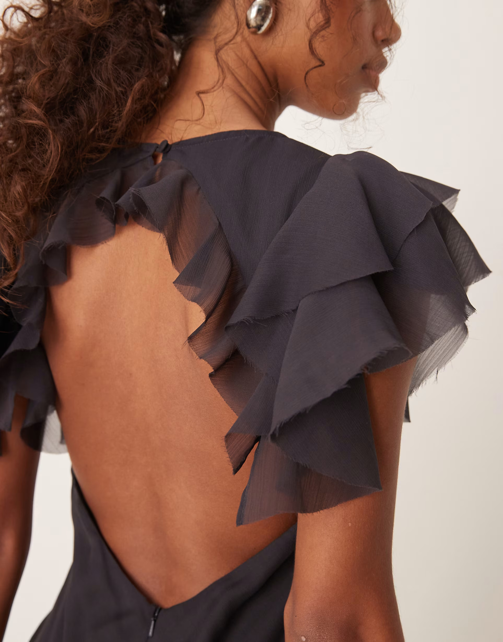 ASOS DESIGN cowl neck frill sleeve ruffle maxi dress in charcoal | ASOS (Global)