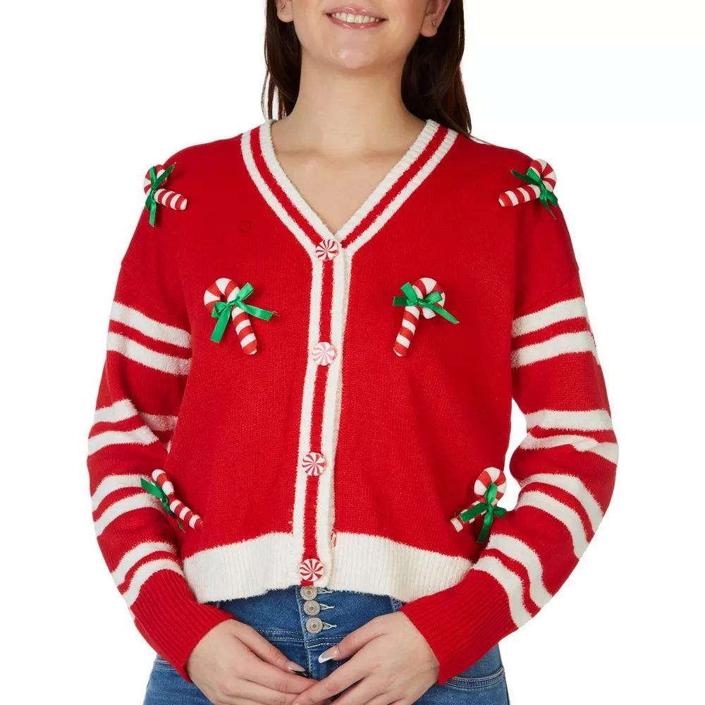 Juniors Christmas Candy Cane Button Down Cardigan | Bealls