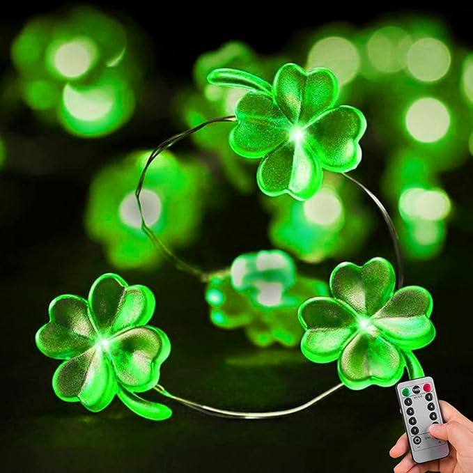 St. Patrick's Day Lights Shamrock String Lights Battery Operated 13 Feet 40 LEDs 8 Mode with Remo... | Amazon (US)