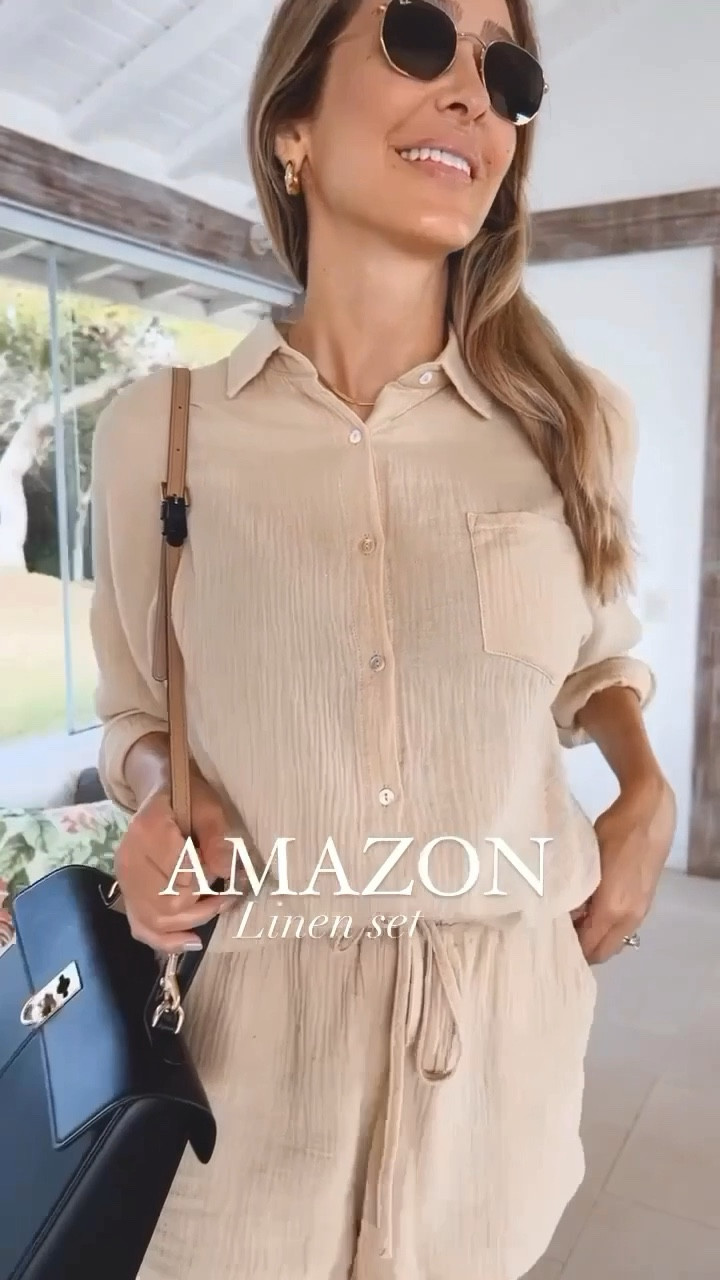 Amazon linen set for a tropical vacay. Super comfortable and stylish. Fits true to size, I am wearing a size small. 

